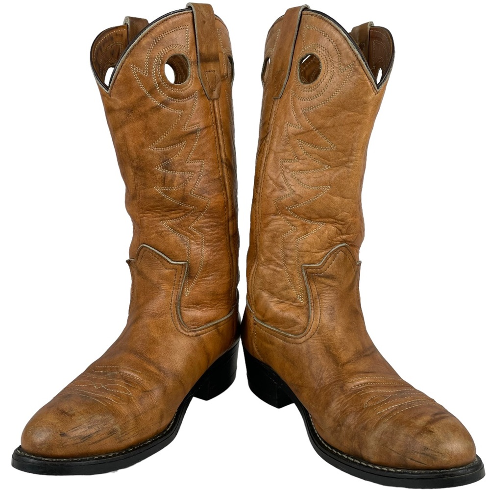 Vintage Cowhide Steel-toe Western Cowboy Brown Leather Boots Stitchwork Mens 8.5